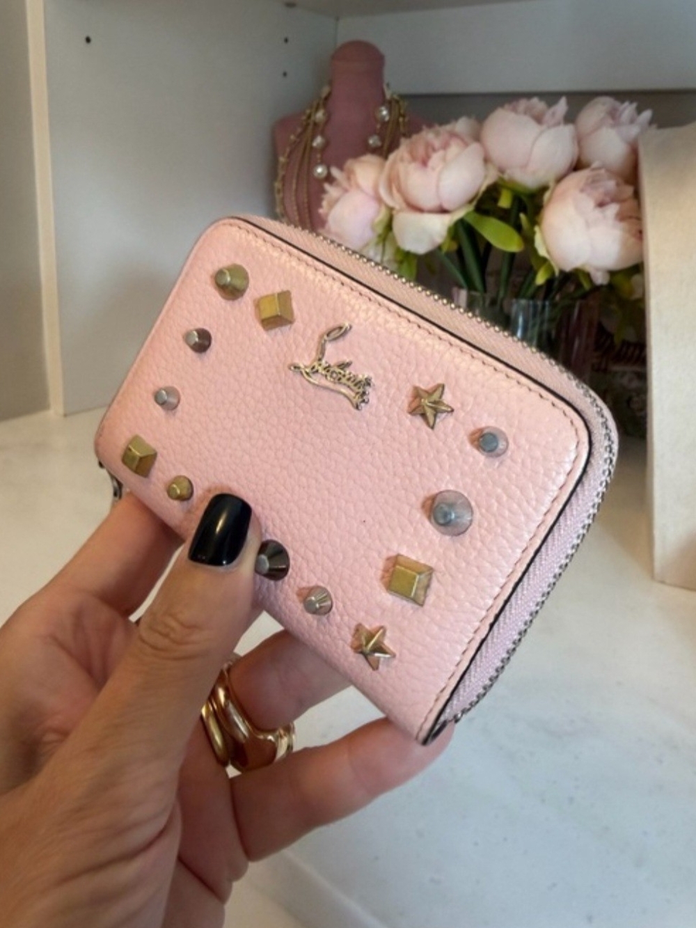 Christian Louboutin Panettone Light Pink Studded Leather Zip Wallet